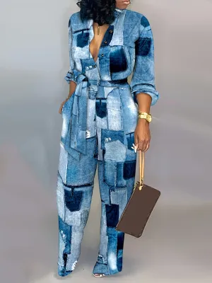 Fake Denim Print Deep V Neck Long Sleeve Jumpsuit