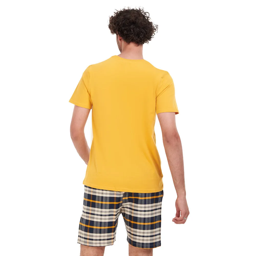 Men summer pajama set Mustard T-shirt   Navy Blue x White Checkered short