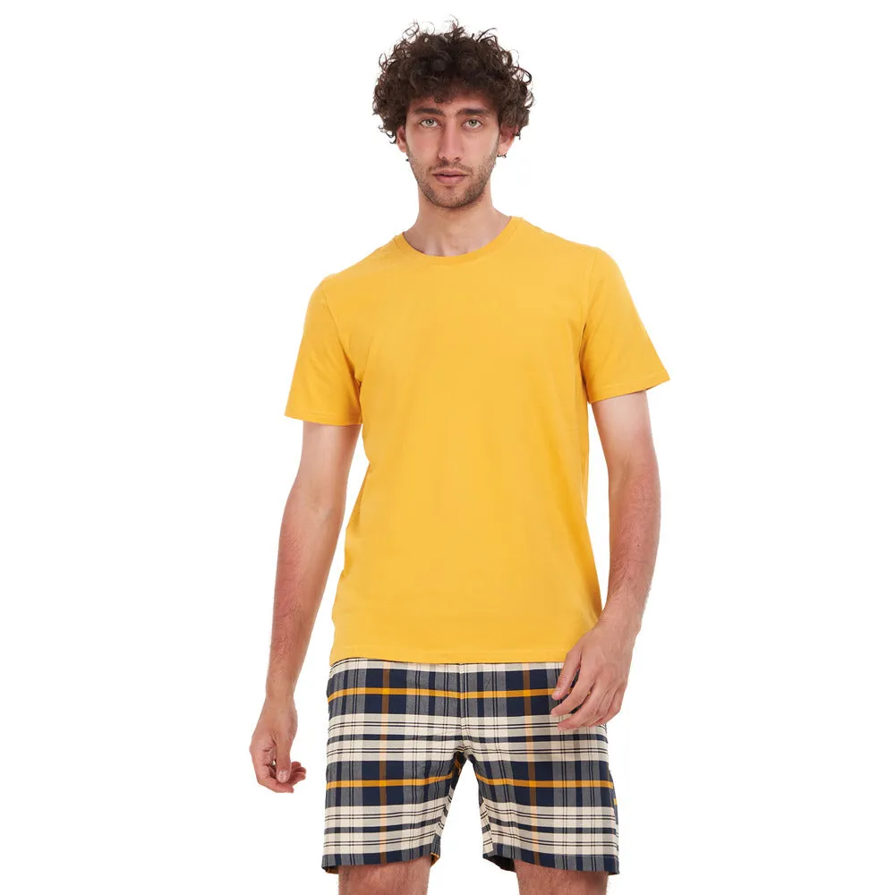 Men summer pajama set Mustard T-shirt   Navy Blue x White Checkered short