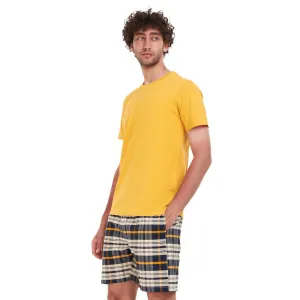 Men summer pajama set Mustard T-shirt   Navy Blue x White Checkered short