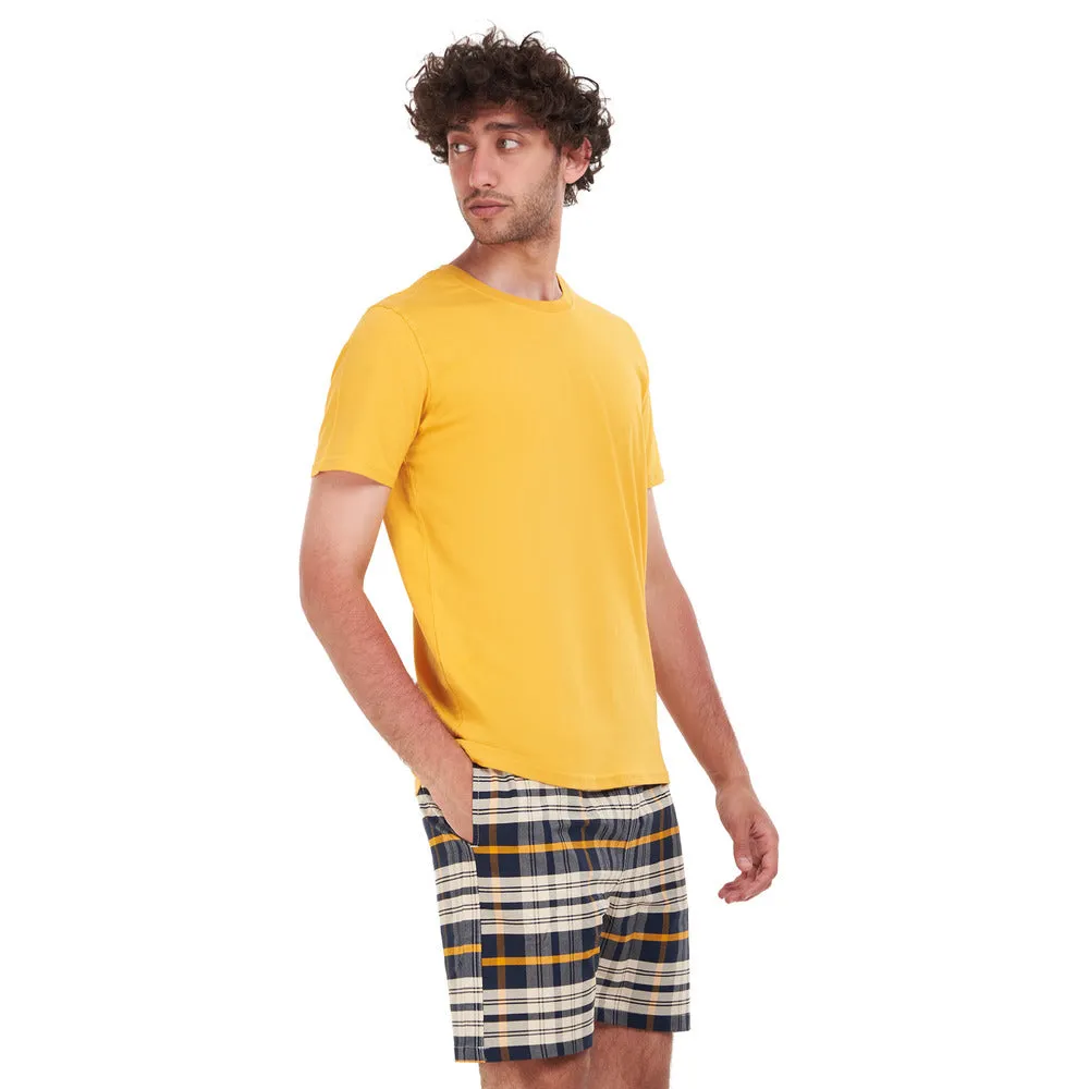 Men summer pajama set Mustard T-shirt   Navy Blue x White Checkered short