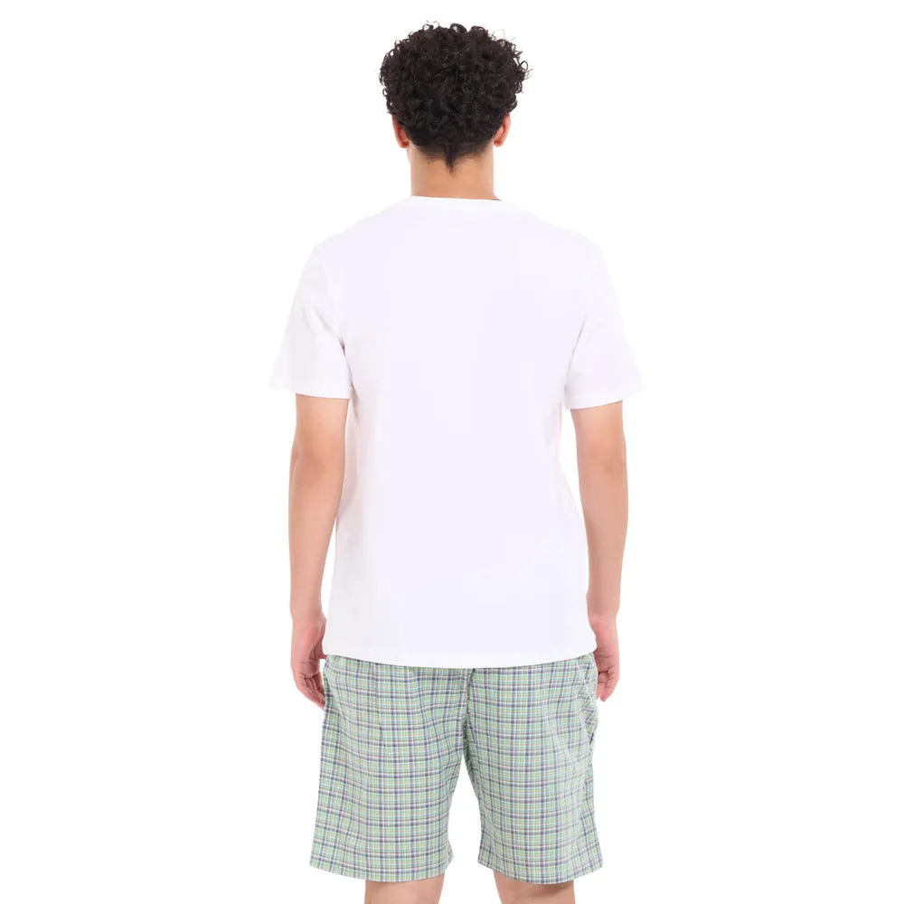 Men summer pajama set White T-shirt   Olive x Indigo Checkered Shorts