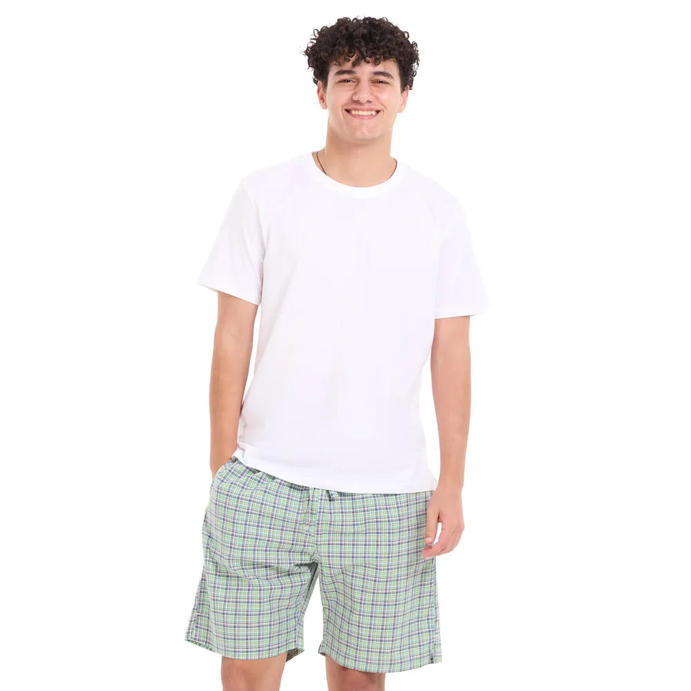 Men summer pajama set White T-shirt   Olive x Indigo Checkered Shorts