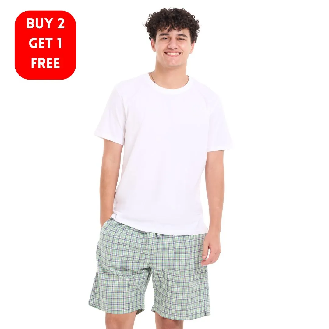 Men summer pajama set White T-shirt   Olive x Indigo Checkered Shorts