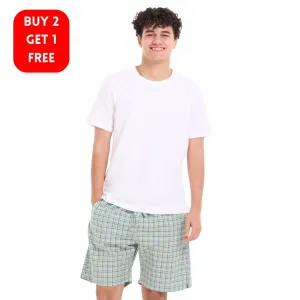 Men summer pajama set White T-shirt   Olive x Indigo Checkered Shorts
