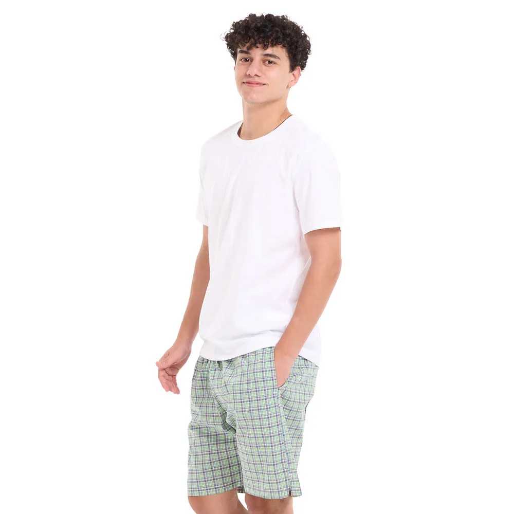 Men summer pajama set White T-shirt   Olive x Indigo Checkered Shorts