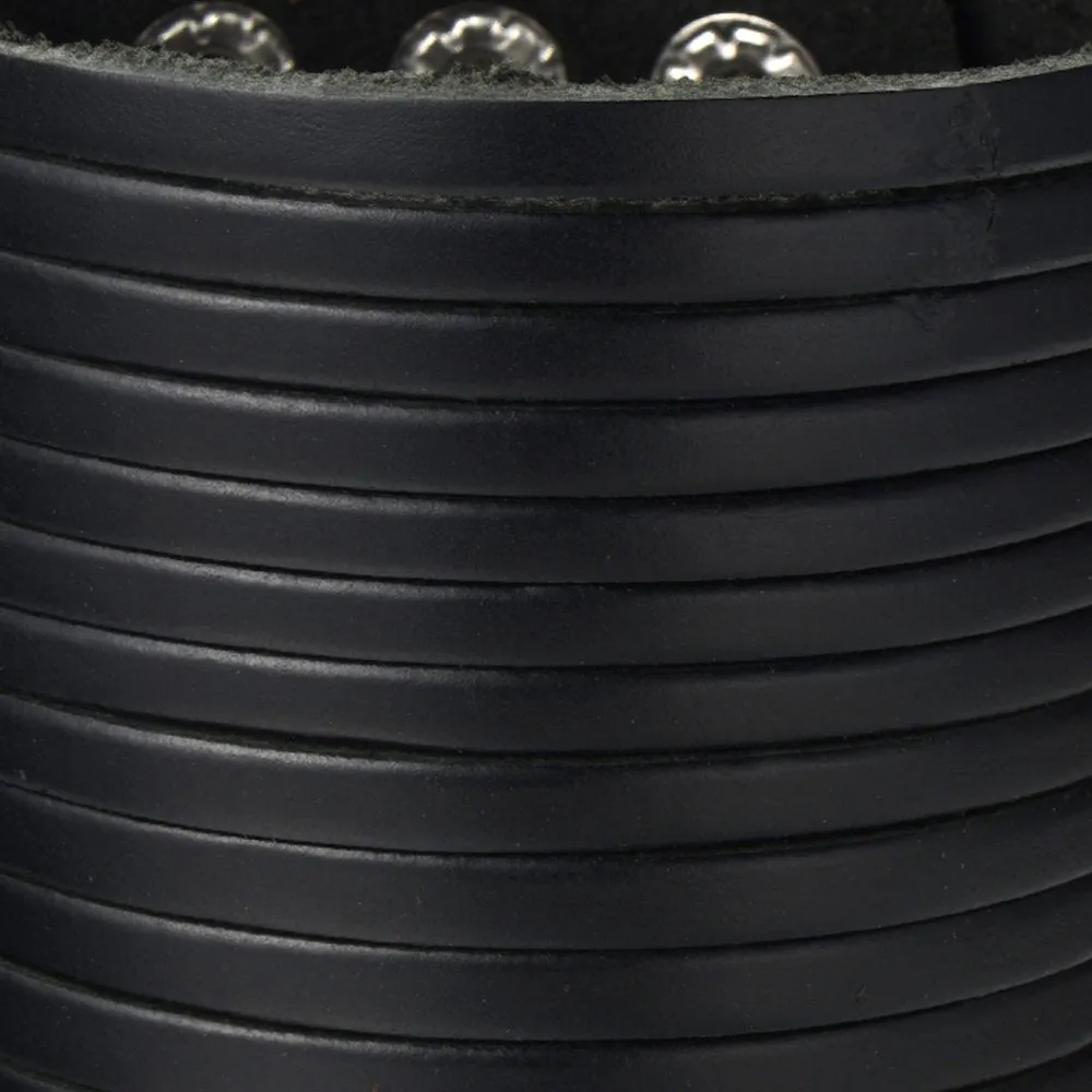 Mens Extra Wide Black Leather Bracelet Multi-row Wristband Bangle Bracelet with Snap Button