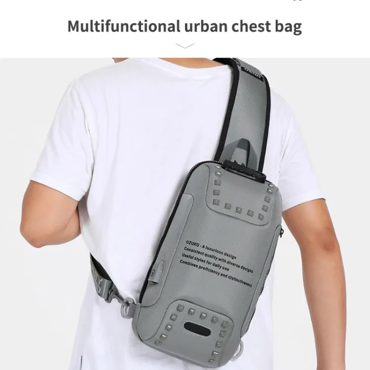 Ozuko 9283 Men Outdoor Anti-theft Chest Bag Rivet Messenger Bag with External USB Charging Port(Brown)
