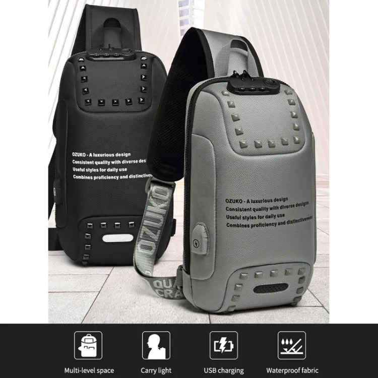 Ozuko 9283 Men Outdoor Anti-theft Chest Bag Rivet Messenger Bag with External USB Charging Port(Brown)