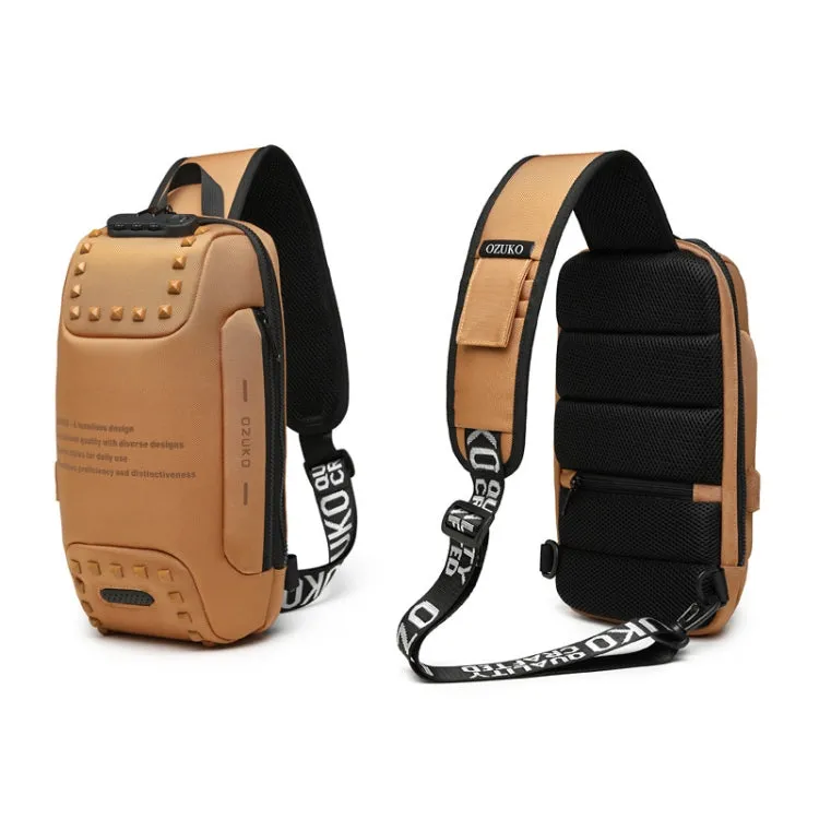 Ozuko 9283 Men Outdoor Anti-theft Chest Bag Rivet Messenger Bag with External USB Charging Port(Brown)