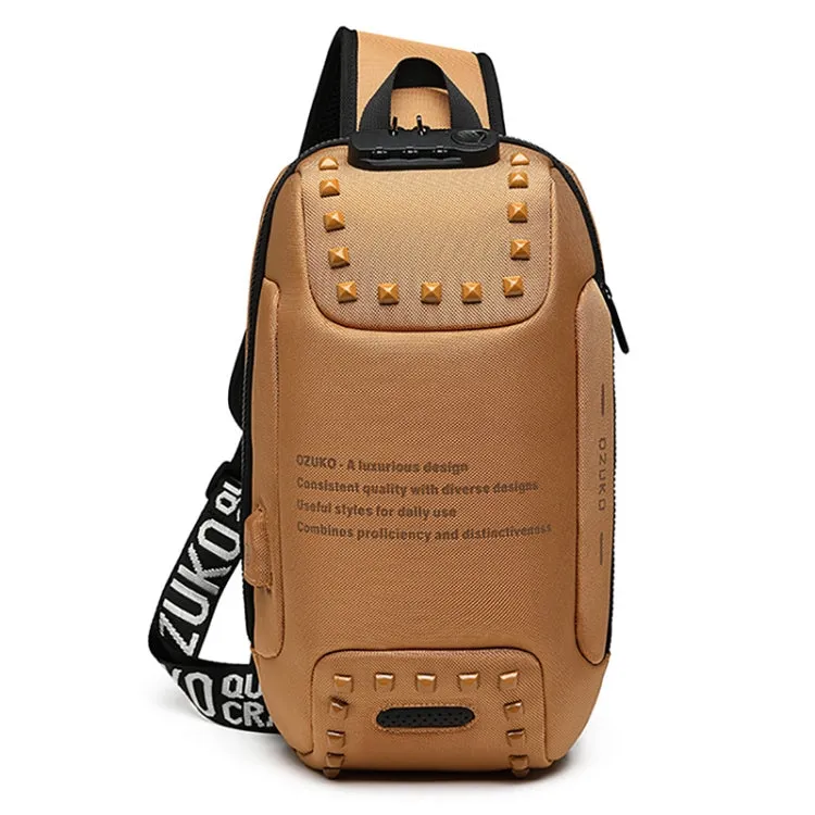 Ozuko 9283 Men Outdoor Anti-theft Chest Bag Rivet Messenger Bag with External USB Charging Port(Brown)