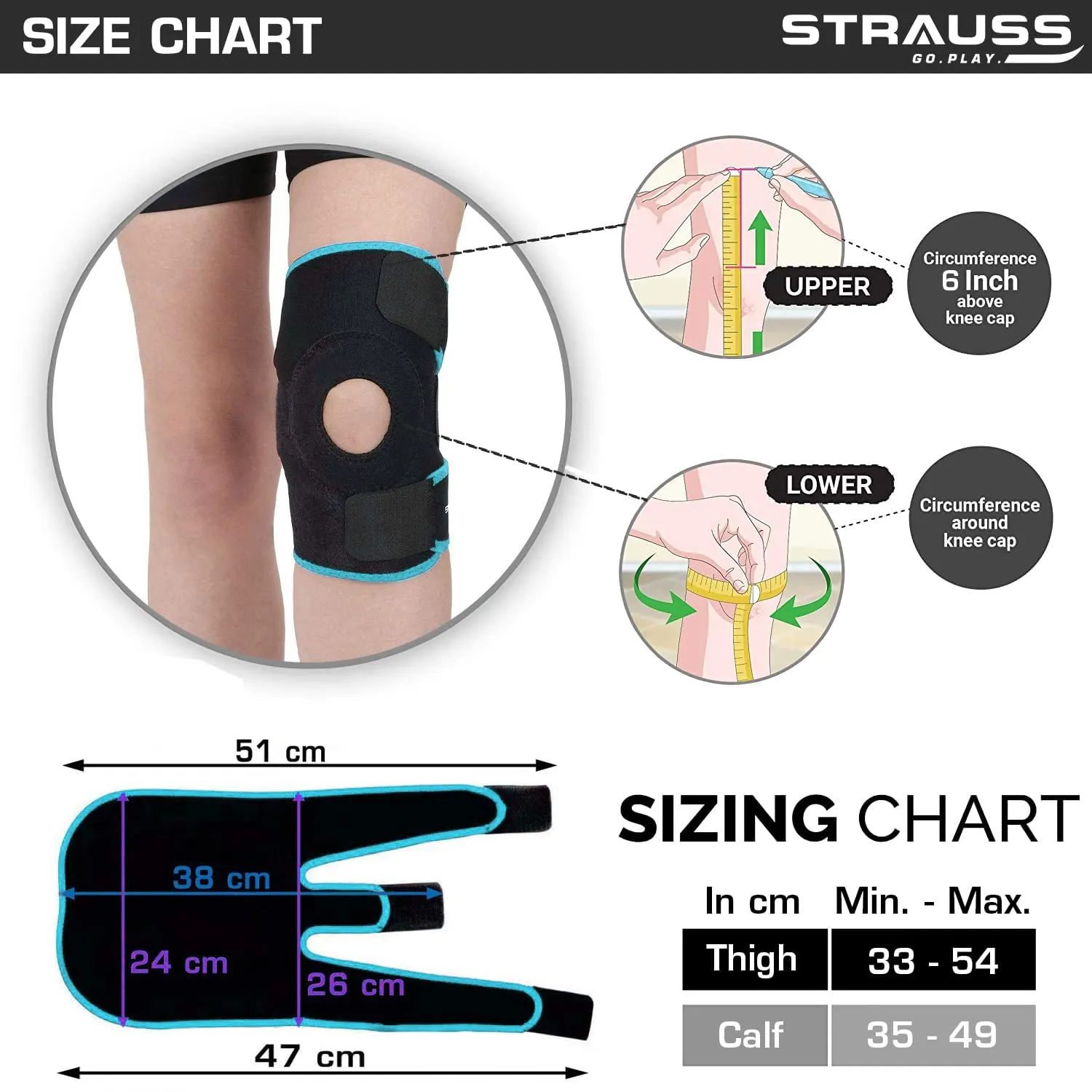 STRAUSS Adjustable Knee Support Patella|knee support for men and women|knee cap|Knee brace|Knee Guard |Knee Cap|Knee pain relief |Knee belt|Joint pain relief | Pair (Free Size, Black/Orange)