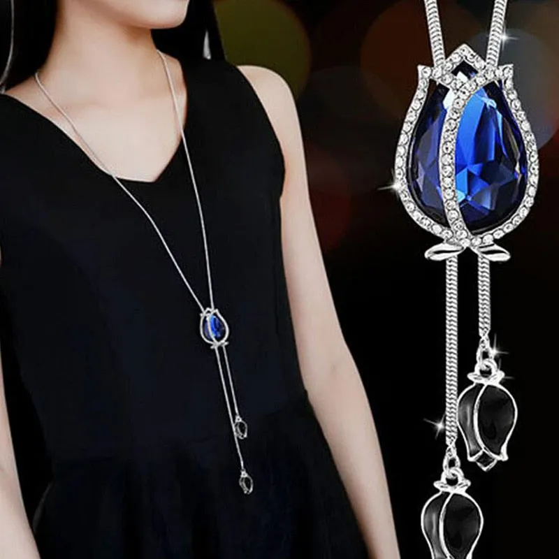 Wenkouban Sunflower Crystal Pendant Necklace Women Fashion Blue White Rhinestone Long Chain Necklaces & Pendants Jewelry